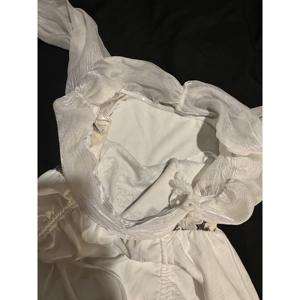 Toile Bodice Milkmaid Dress ~6~White Chiffon Slv Fairy Tale Parachute Hi Low Hem - Picture 16 of 16